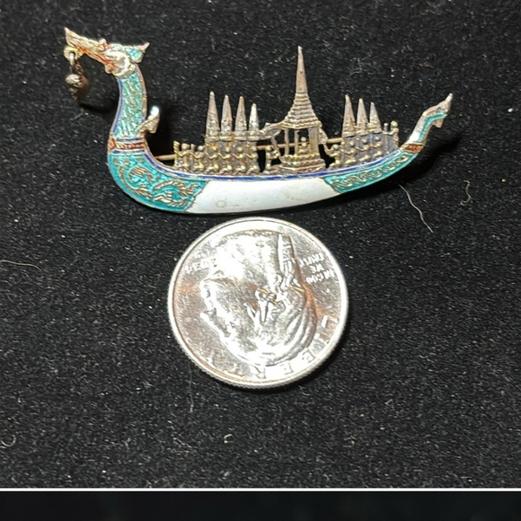 Vintage 1950's Sterling Silver Siam Dragon Boat Brooch - Picture 5 of 7